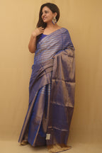 Blue Handloom Chanderi Pure Katan Tissue Silk Saree - Luxurion World