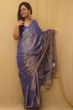 Blue Handloom Chanderi Pure Katan Tissue Silk Saree - Luxurion World
