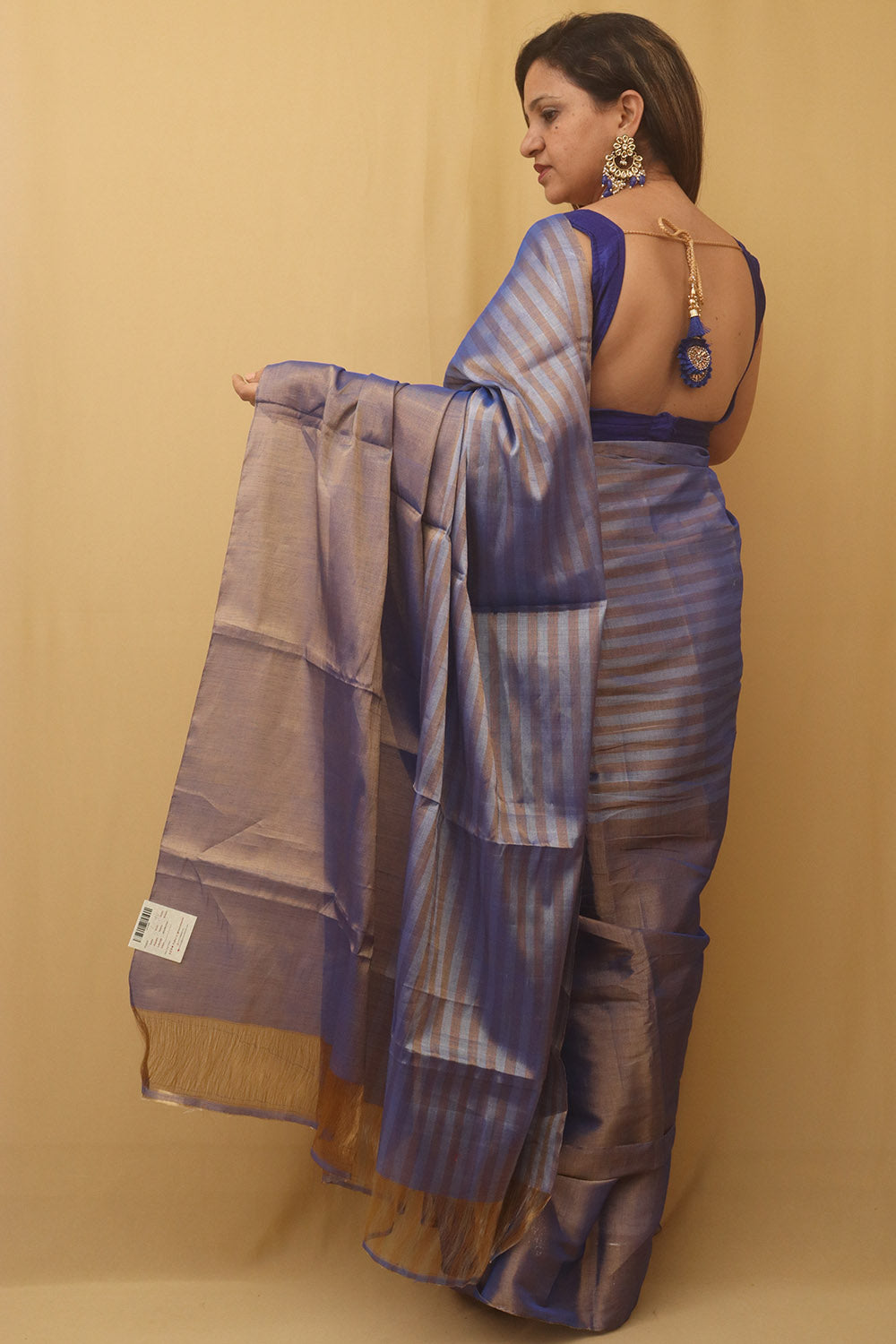 Blue Handloom Chanderi Pure Katan Tissue Silk Saree - Luxurion World