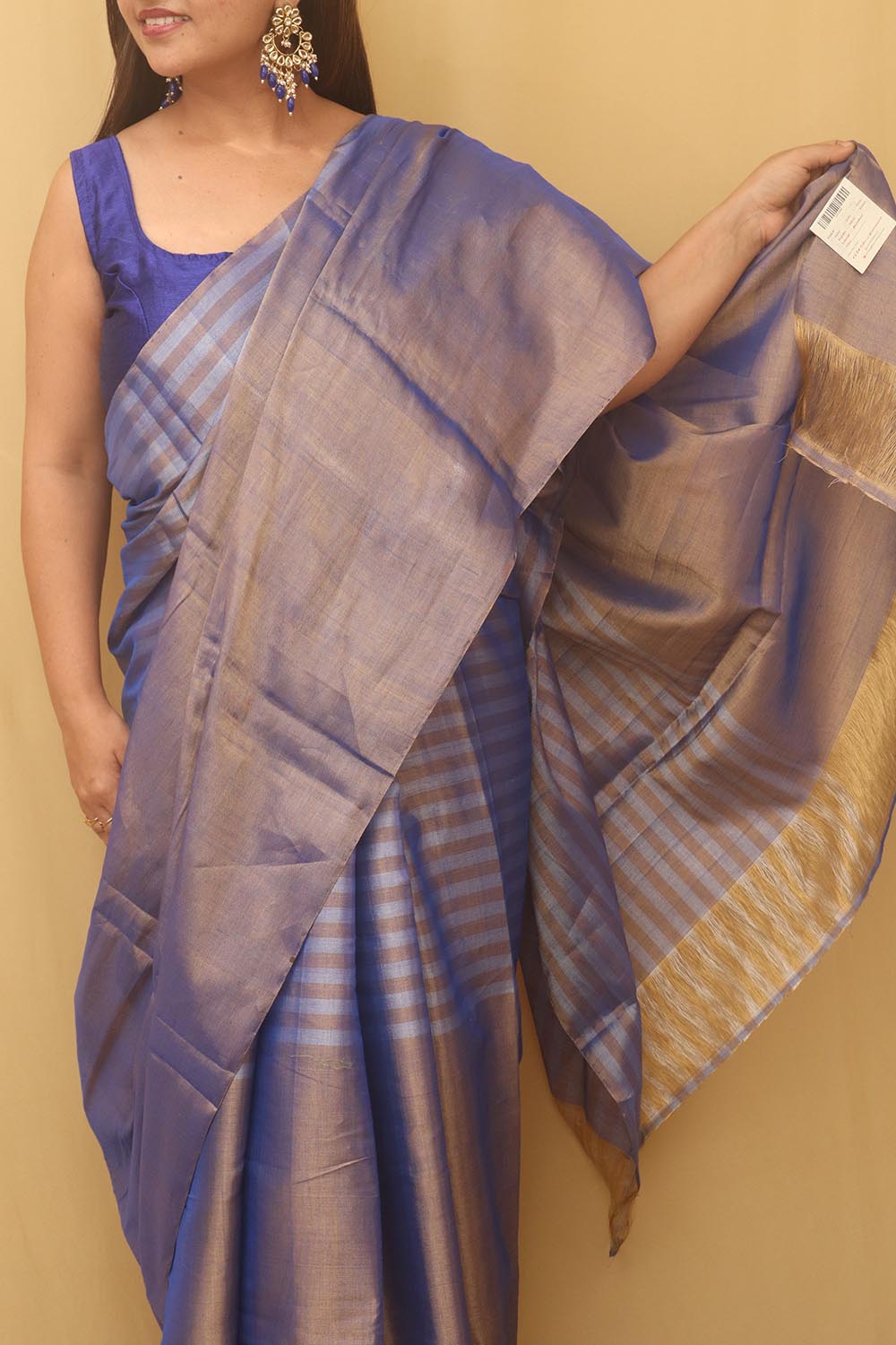 Blue Handloom Chanderi Pure Katan Tissue Silk Saree