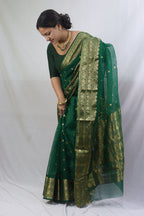 Green Chanderi Handloom Pure Katan Silk Saree - Elegant and Ethereal - Luxurion World
