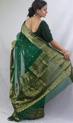 Green Chanderi Handloom Pure Katan Silk Saree - Elegant and Ethereal - Luxurion World