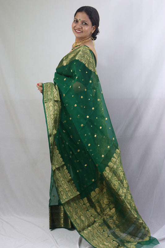 Green Chanderi Handloom Pure Katan Silk Saree - Elegant and Ethereal