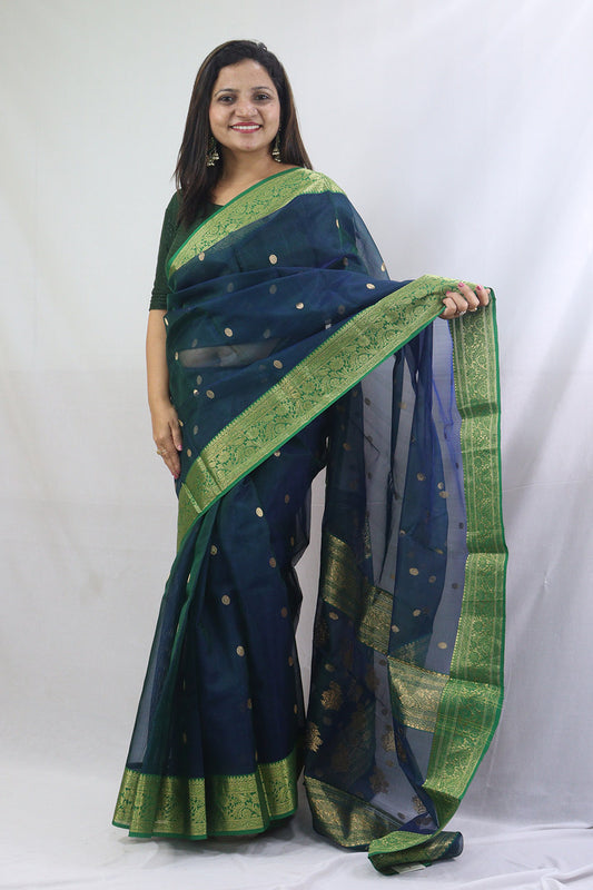 Exquisite Blue Handloom Chanderi Pure Katan Silk Saree - Perfect for Any Occasion