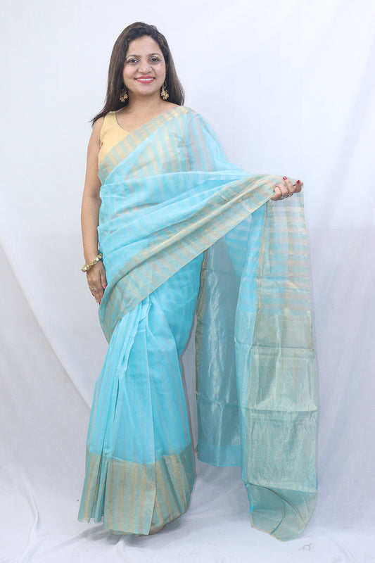 Stunning Blue Handloom Chanderi Cotton Silk Saree - Perfect for Any Occasion! - Luxurion World