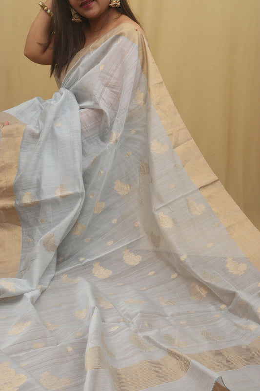 Elegant Grey Chanderi Handloom Cotton Silk Saree