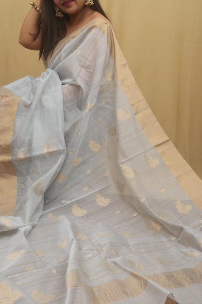 Elegant Grey Chanderi Handloom Cotton Silk Saree - Luxurion World