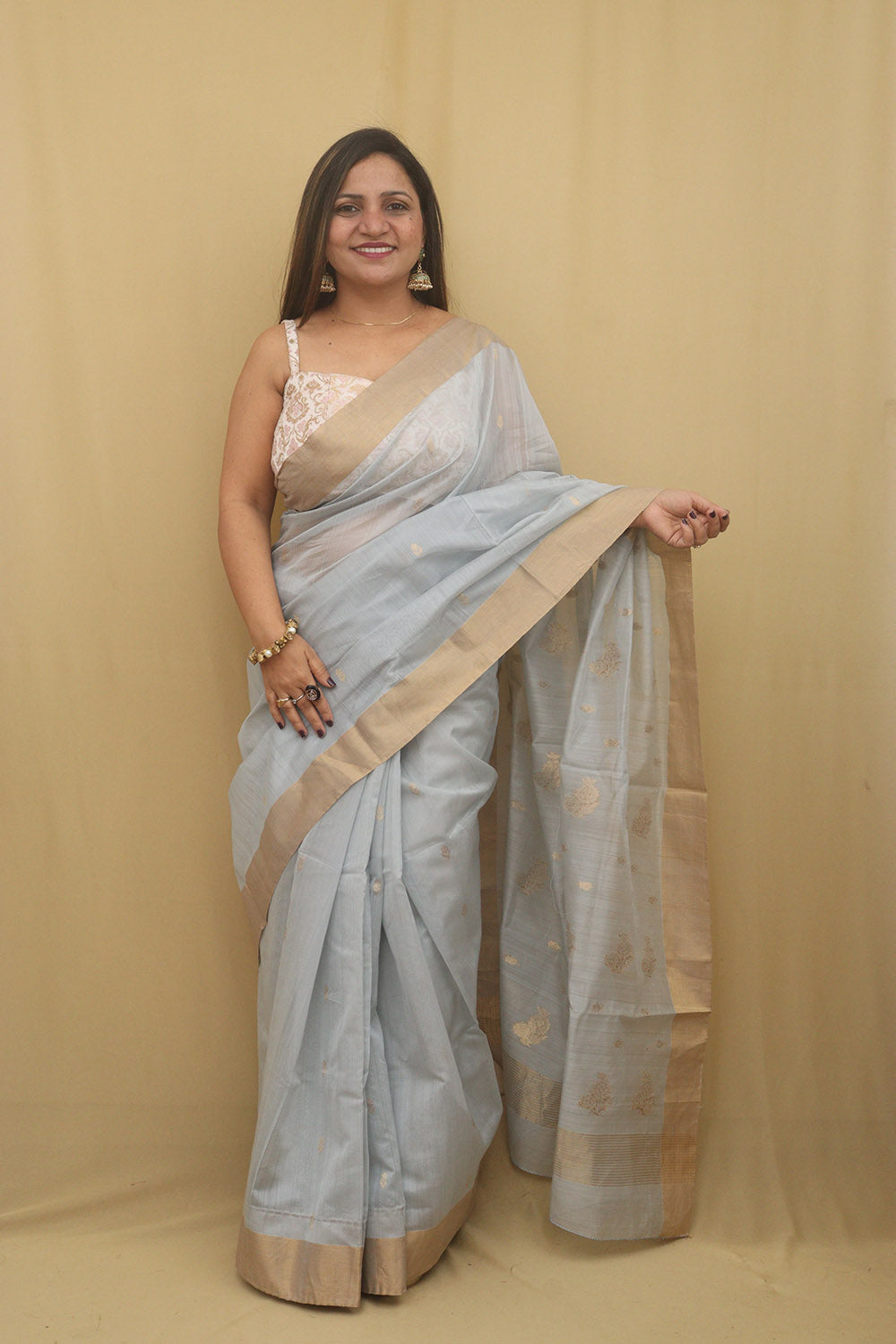 Elegant Grey Chanderi Handloom Cotton Silk Saree - Luxurion World