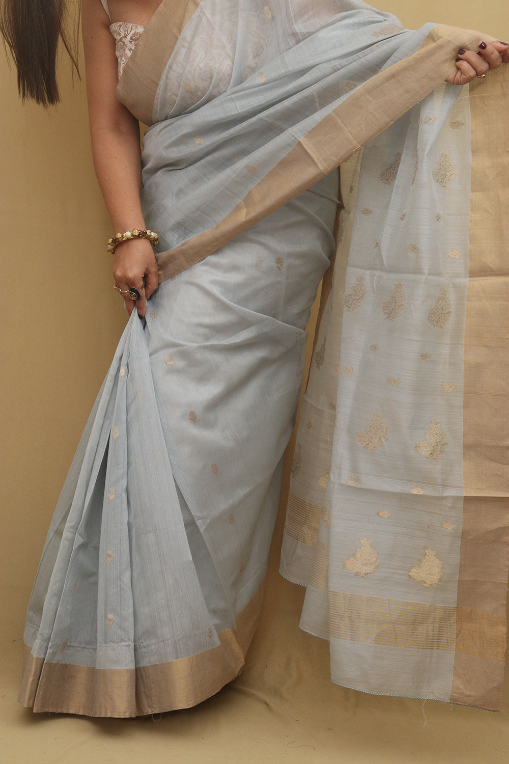 Elegant Grey Chanderi Handloom Cotton Silk Saree - Luxurion World