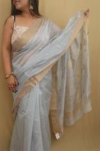 Elegant Grey Chanderi Handloom Cotton Silk Saree - Luxurion World