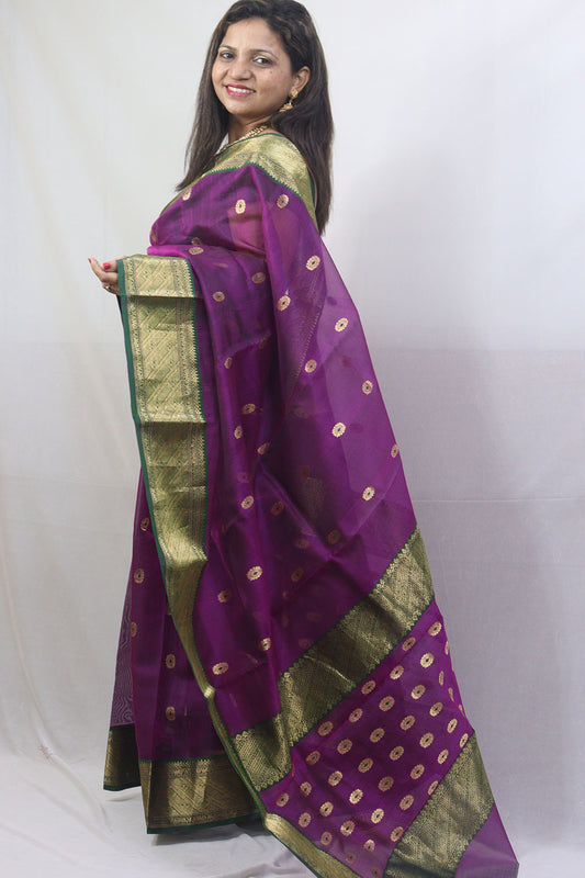 Purple Handloom Chanderi Pure Katan Silk Saree - Luxurion World