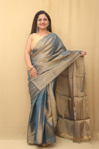 Blue Chanderi Handloom Plain Tissue Silk Saree - Luxurion World