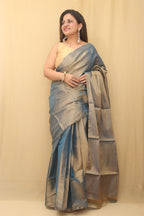 Blue Chanderi Handloom Plain Tissue Silk Saree - Luxurion World