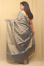 Blue Chanderi Handloom Plain Tissue Silk Saree - Luxurion World