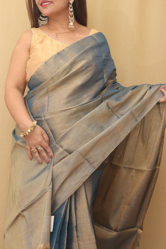 Blue Chanderi Handloom Plain Tissue Silk Saree - Luxurion World