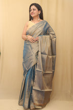 Blue Chanderi Handloom Plain Tissue Silk Saree - Luxurion World