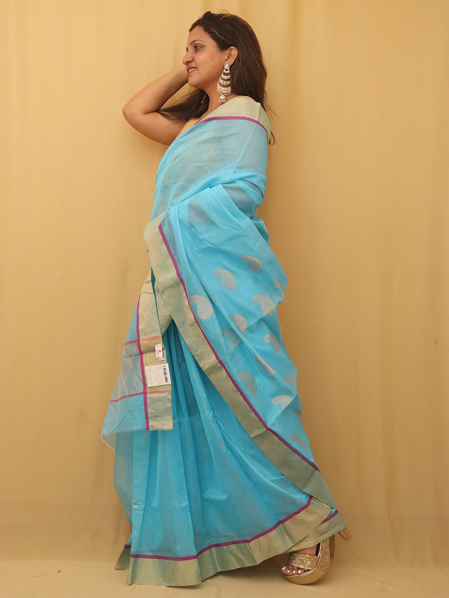 Stunning Blue Handloom Chanderi Silk Cotton Saree - Perfect for Any Occasion! - Luxurion World
