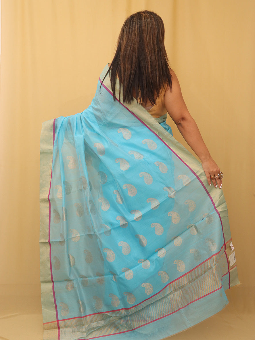 Stunning Blue Handloom Chanderi Silk Cotton Saree - Perfect for Any Occasion! - Luxurion World