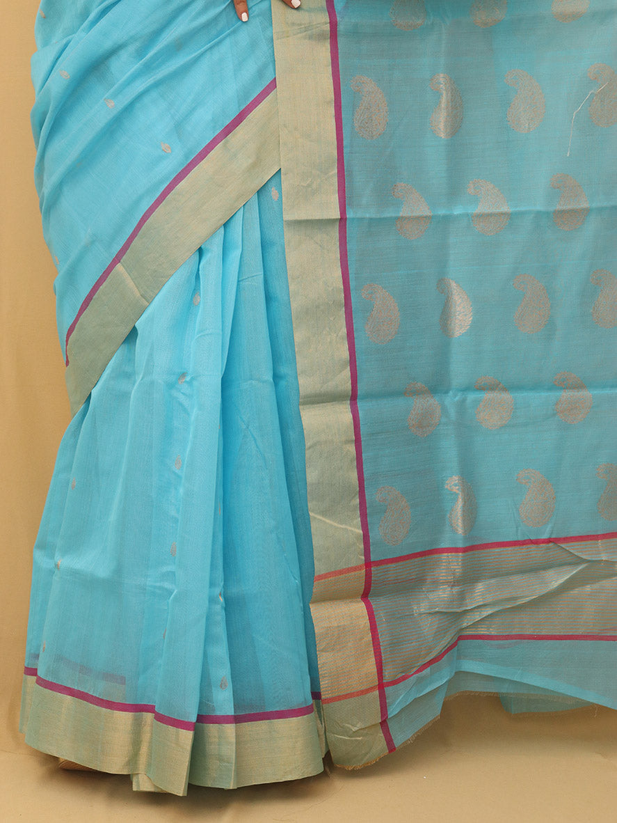 Stunning Blue Handloom Chanderi Silk Cotton Saree - Perfect for Any Occasion! - Luxurion World