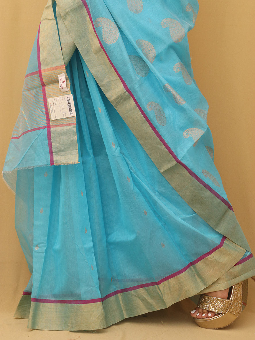 Stunning Blue Handloom Chanderi Silk Cotton Saree - Perfect for Any Occasion! - Luxurion World