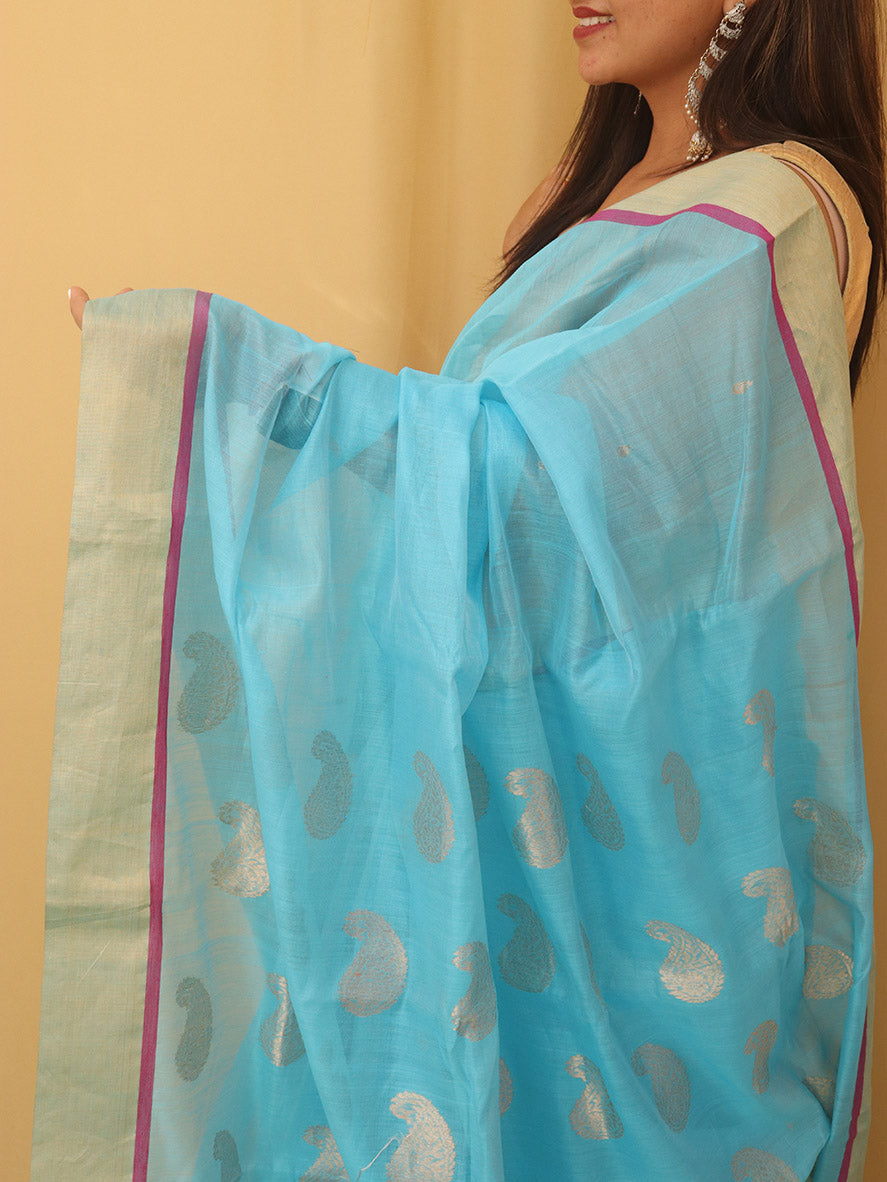 Stunning Blue Handloom Chanderi Silk Cotton Saree - Perfect for Any Occasion! - Luxurion World