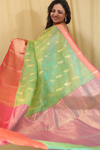 Green Chanderi Handloom Pure Katan Silk Peacock Design Saree - Luxurion World
