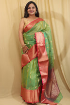 Green Chanderi Handloom Pure Katan Silk Peacock Design Saree - Luxurion World