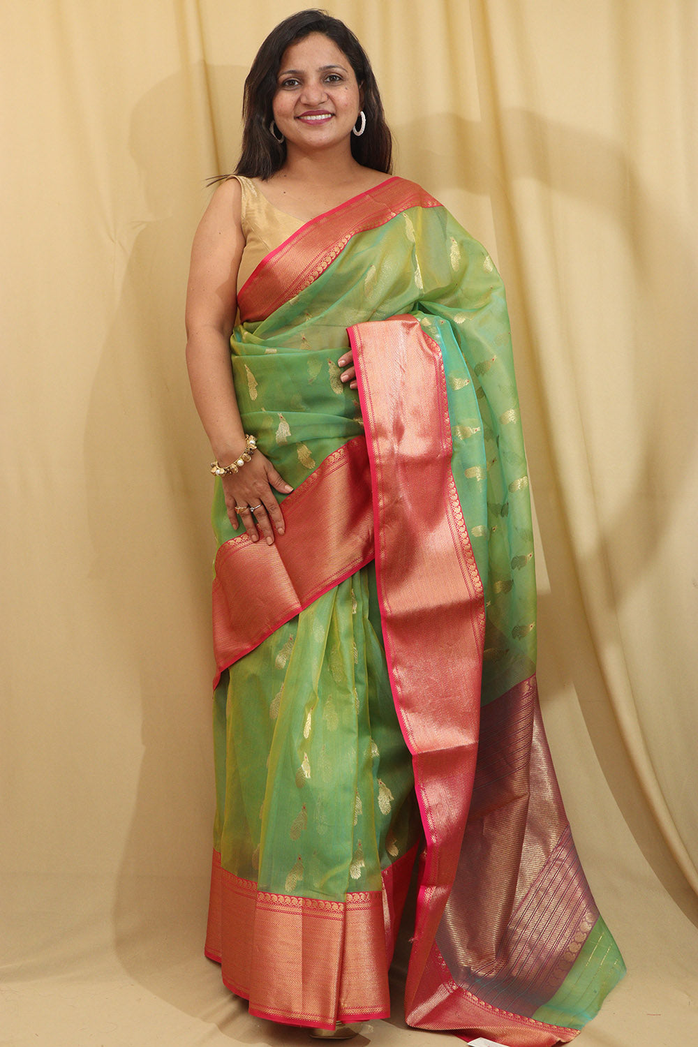 Green Chanderi Handloom Pure Katan Silk Peacock Design Saree - Luxurion World