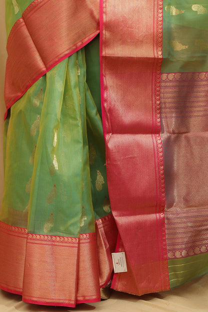 Green Chanderi Handloom Pure Katan Silk Peacock Design Saree - Luxurion World