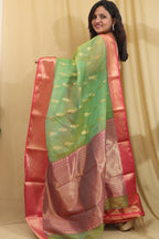 Green Chanderi Handloom Pure Katan Silk Peacock Design Saree - Luxurion World