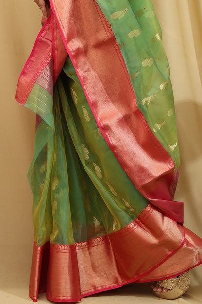 Green Chanderi Handloom Pure Katan Silk Peacock Design Saree - Luxurion World