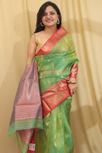 Green Chanderi Handloom Pure Katan Silk Peacock Design Saree - Luxurion World