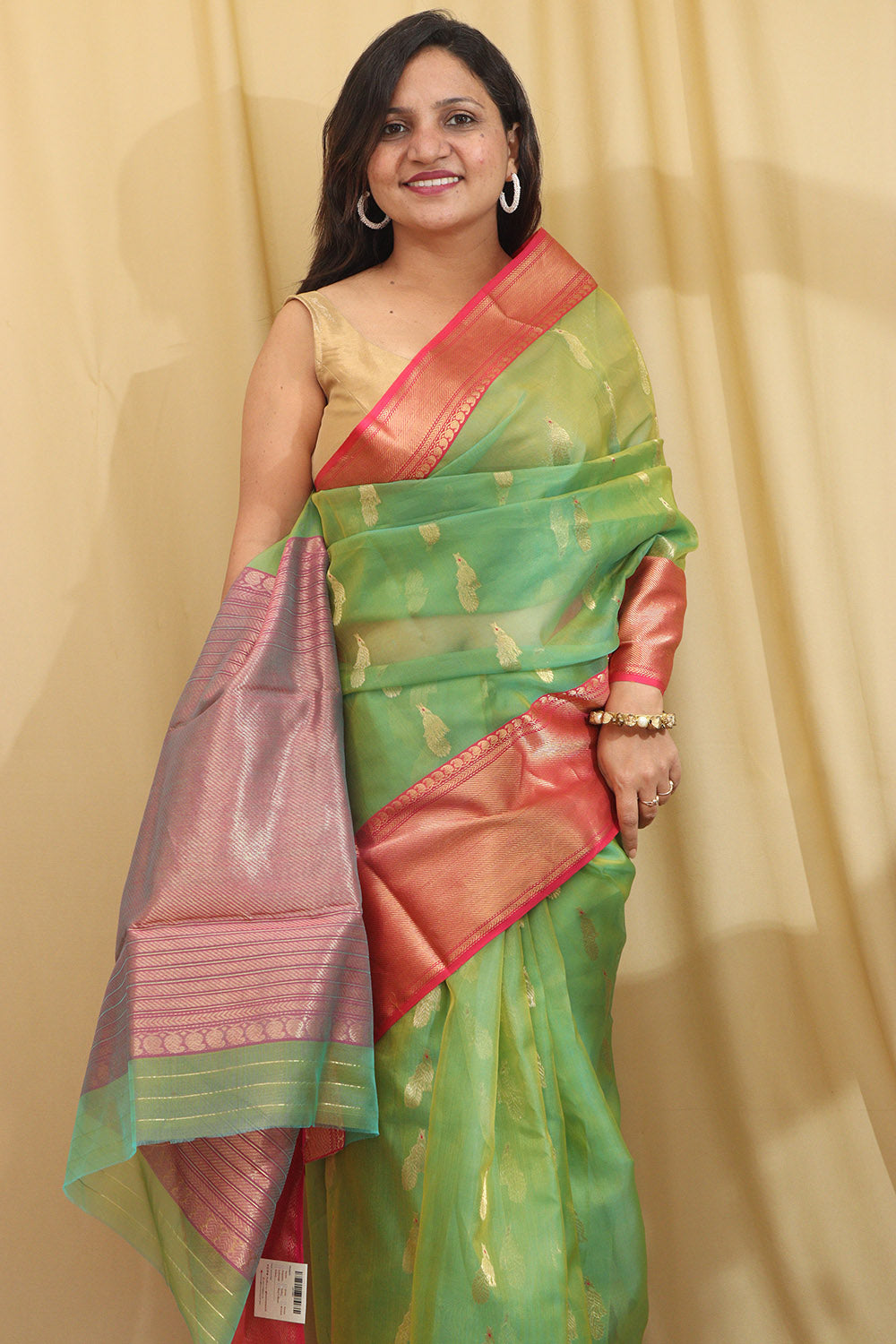 Green Chanderi Handloom Pure Katan Silk Peacock Design Saree - Luxurion World