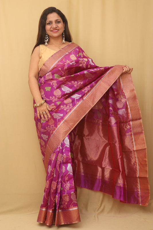 Purple Chanderi Handloom Pure Silk Saree - Luxurion World