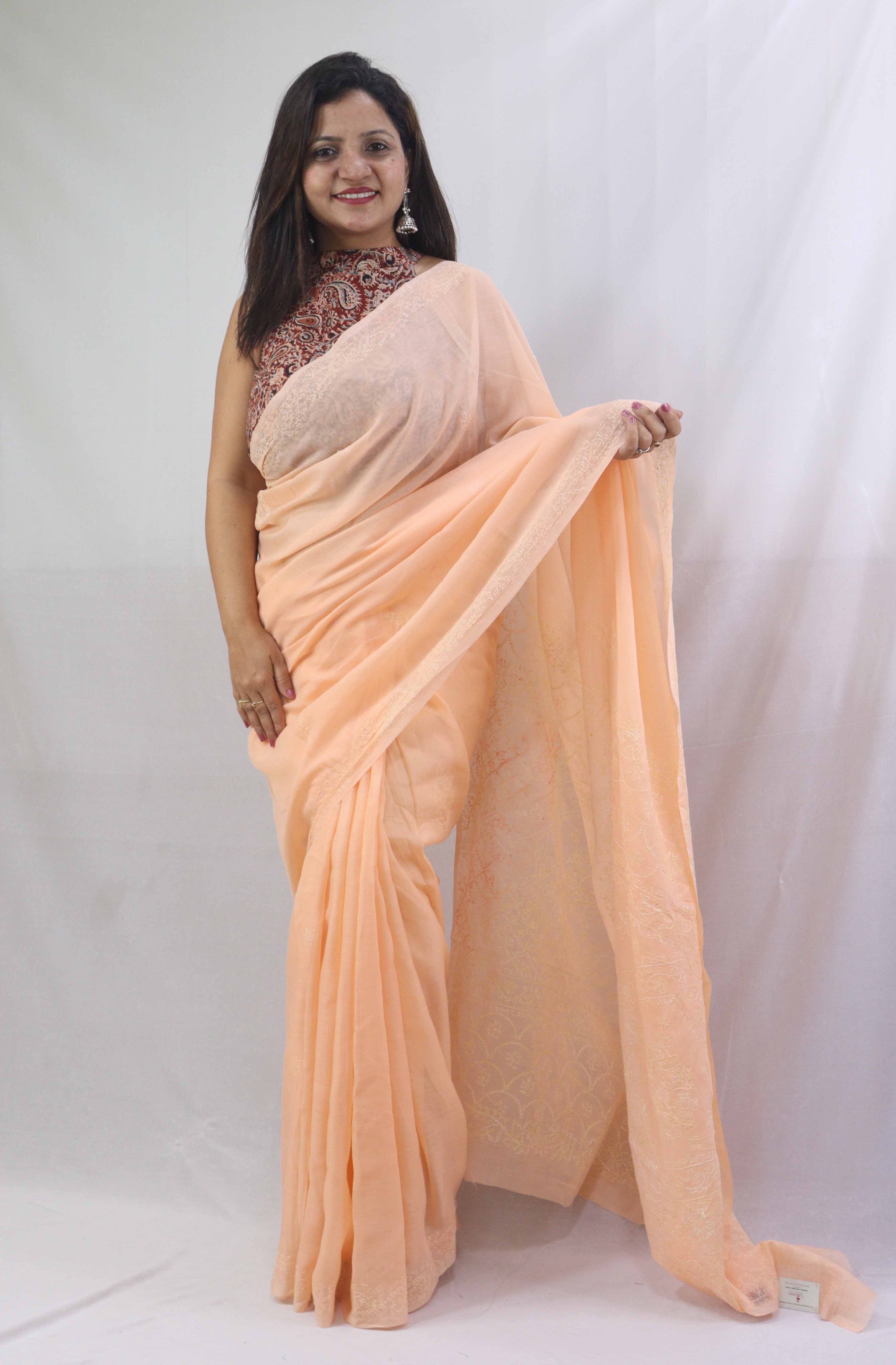 Stunning Orange Chikankari Saree with Intricate Embroidery - Pure Cotton - Luxurion World