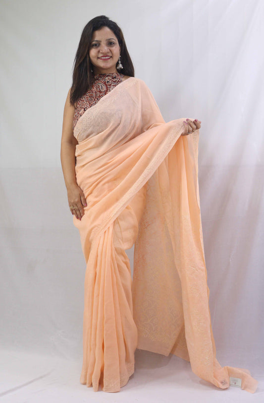 Stunning Orange Chikankari Saree with Intricate Embroidery - Pure Cotton - Luxurion World