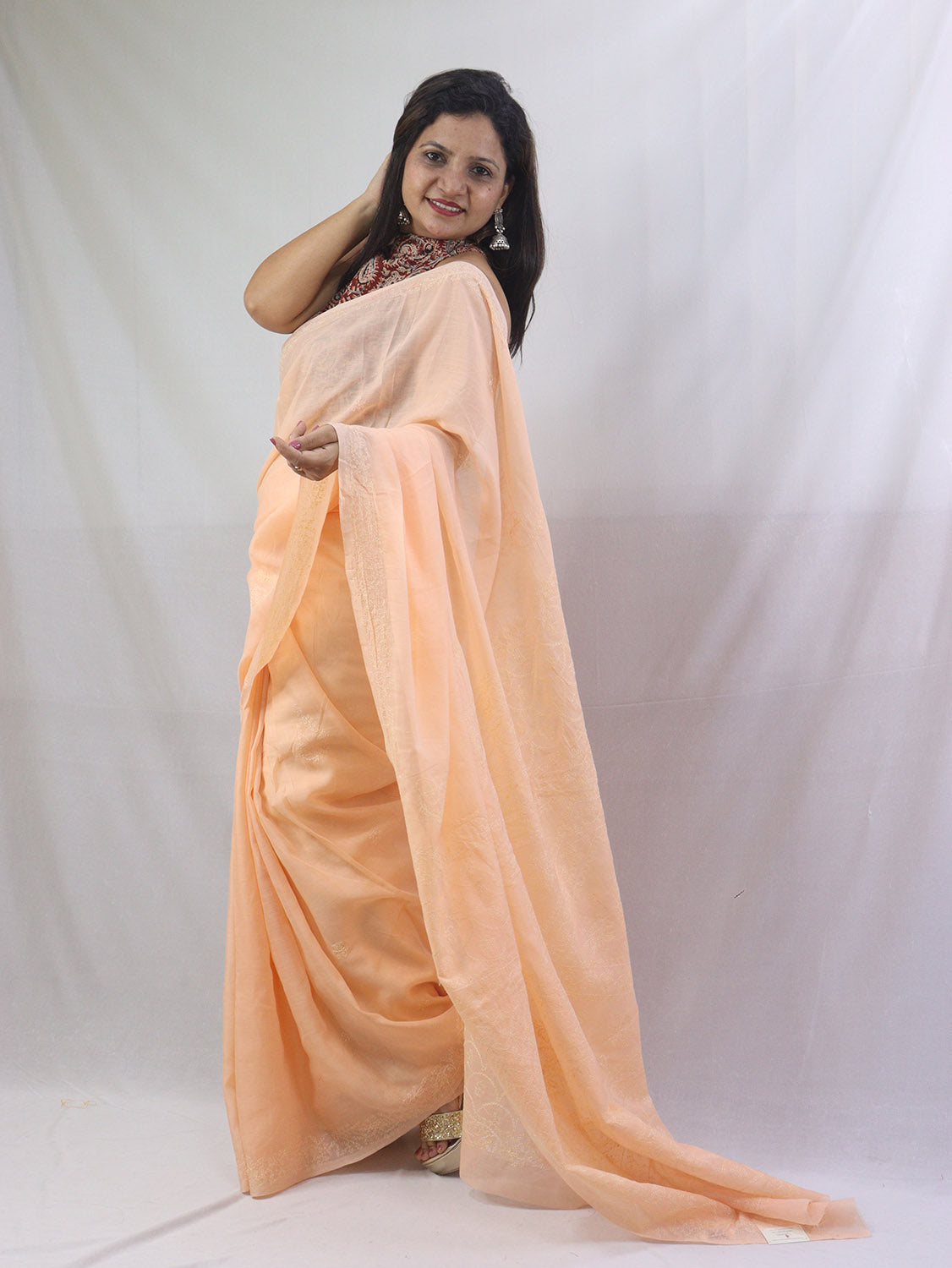 Stunning Orange Chikankari Saree with Intricate Embroidery - Pure Cotton - Luxurion World