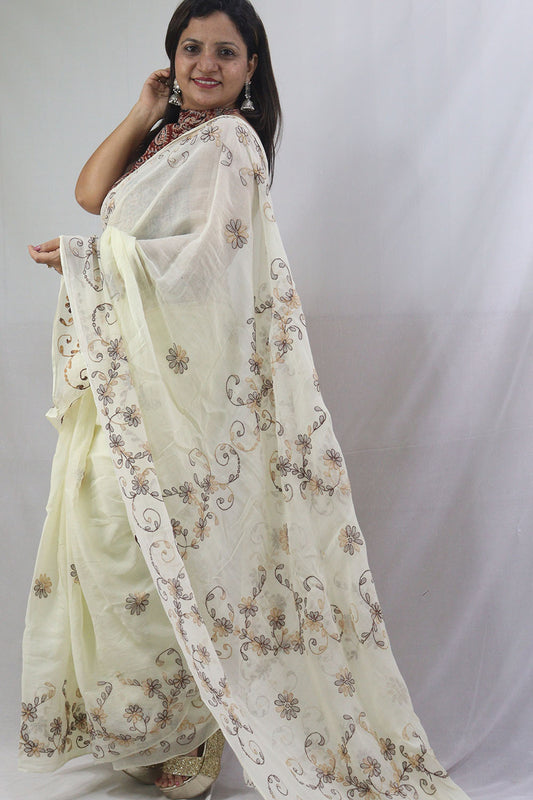 Stunning Off White Chikankari Saree with Intricate Embroidery - Pure Cotton - Luxurion World