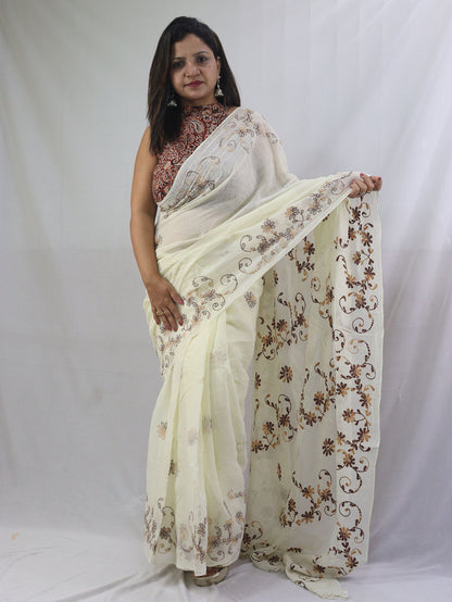 Stunning Off White Chikankari Saree with Intricate Embroidery - Pure Cotton - Luxurion World