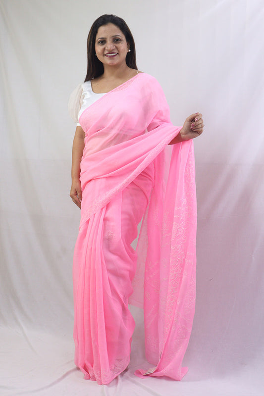 Charming Pink Chikankari Saree with Intricate Embroidery - Pure Cotton - Luxurion World
