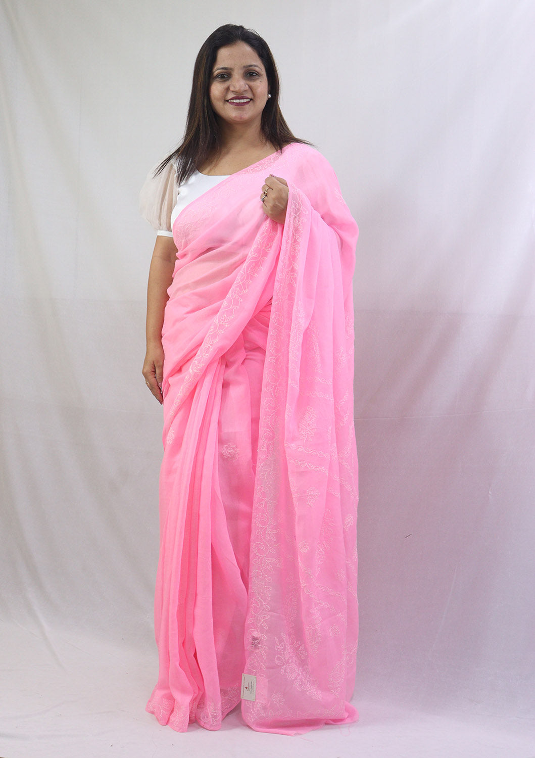 Charming Pink Chikankari Saree with Intricate Embroidery - Pure Cotton - Luxurion World