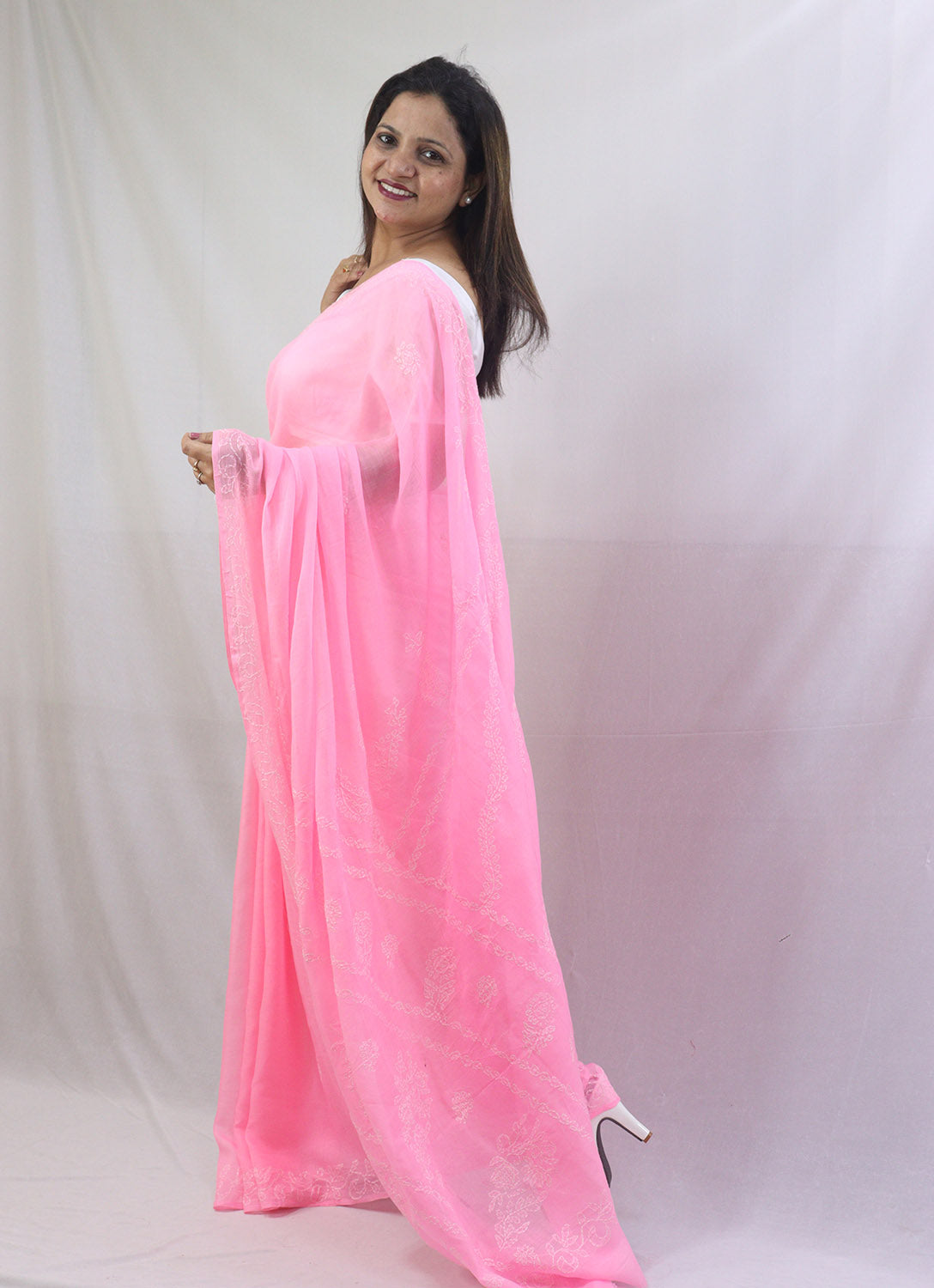 Charming Pink Chikankari Saree with Intricate Embroidery - Pure Cotton