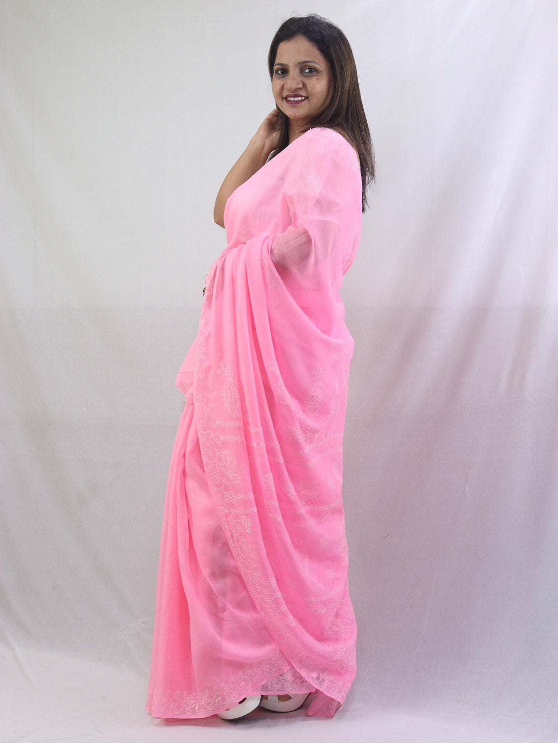 Charming Pink Chikankari Saree with Intricate Embroidery - Pure Cotton - Luxurion World