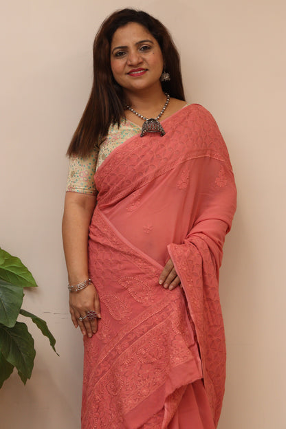 Pretty in Pink: Chikankari Hand Embroidered Georgette Saree - Luxurion World