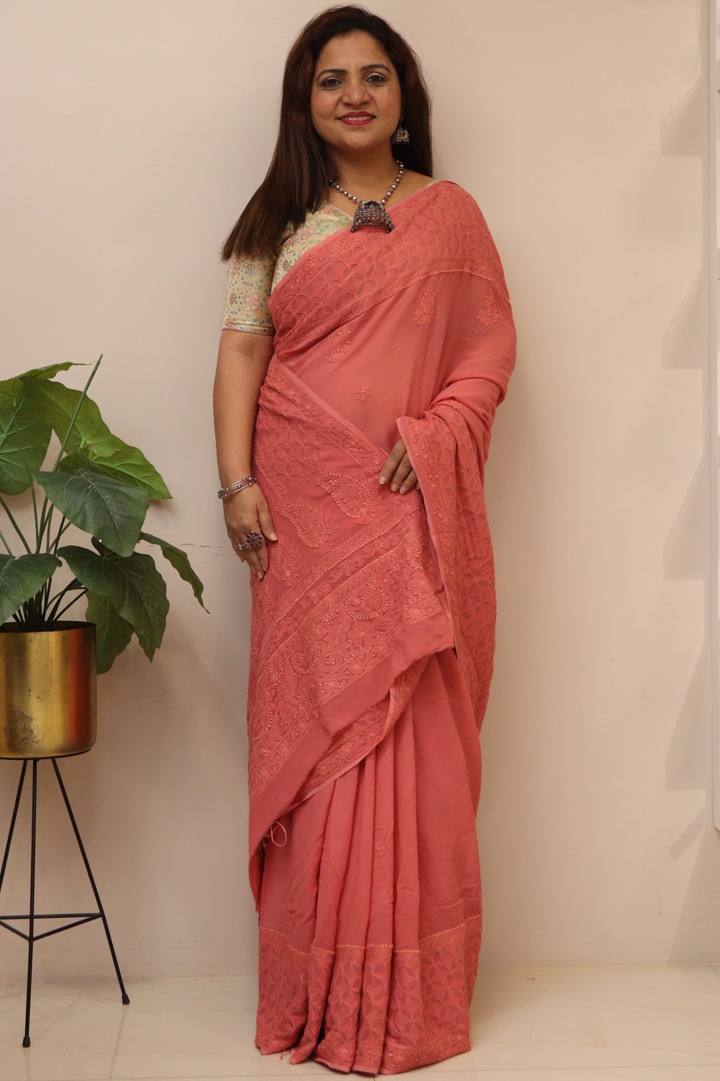 Pretty in Pink: Chikankari Hand Embroidered Georgette Saree - Luxurion World
