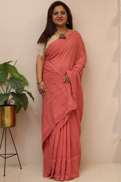 Pretty in Pink: Chikankari Hand Embroidered Georgette Saree - Luxurion World