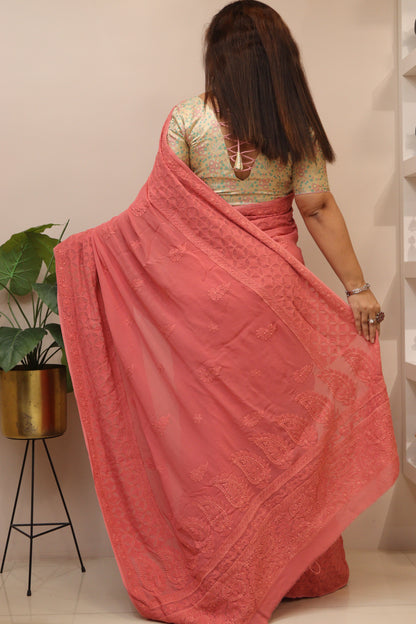 Pretty in Pink: Chikankari Hand Embroidered Georgette Saree - Luxurion World
