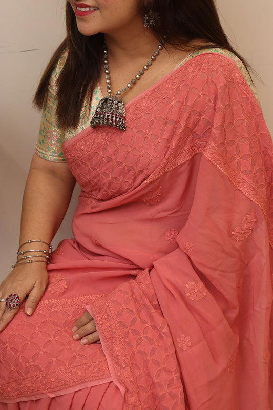 Pretty in Pink: Chikankari Hand Embroidered Georgette Saree - Luxurion World