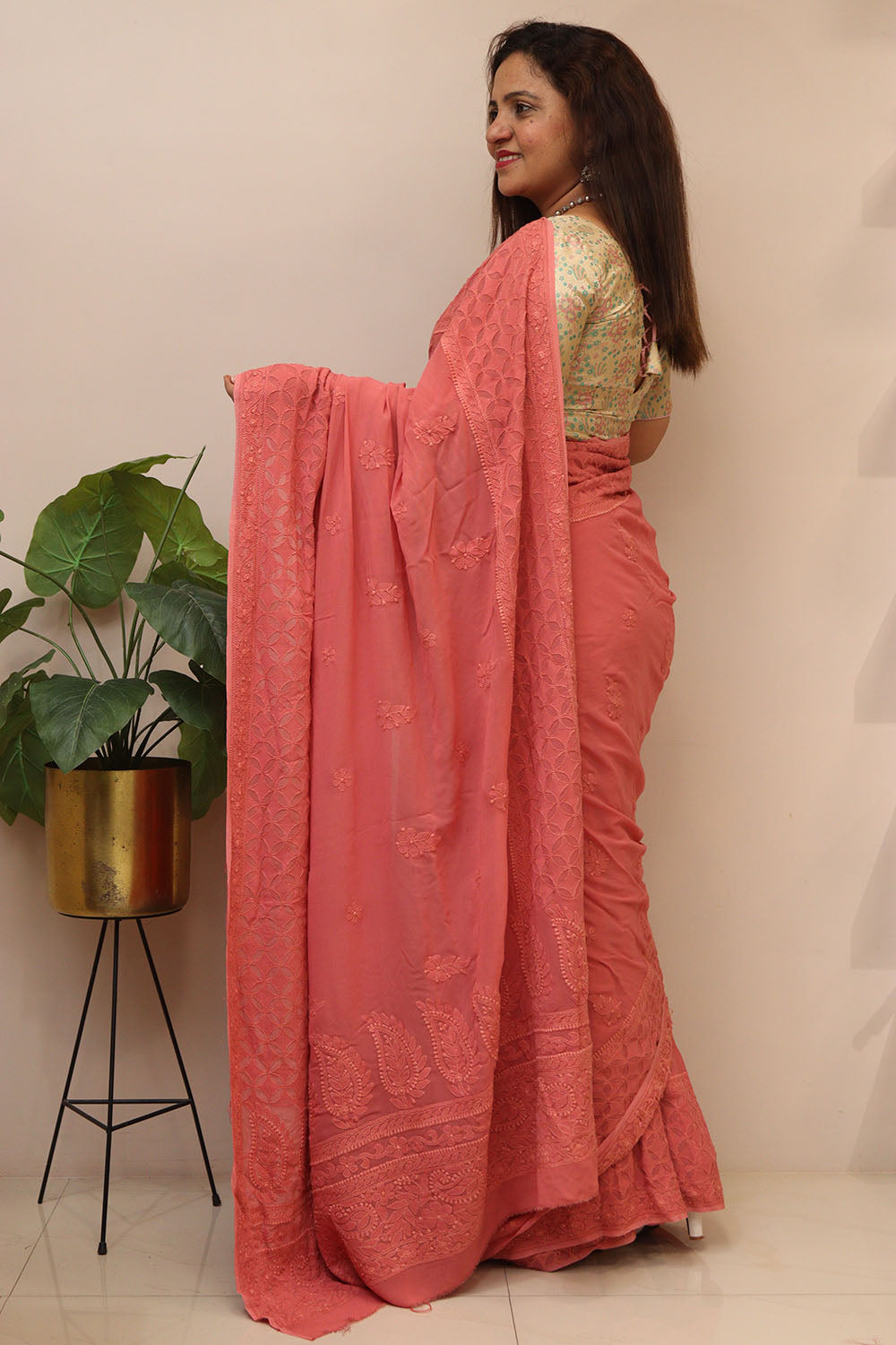 Pretty in Pink: Chikankari Hand Embroidered Georgette Saree - Luxurion World