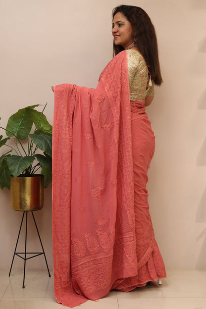 Pretty in Pink: Chikankari Hand Embroidered Georgette Saree - Luxurion World